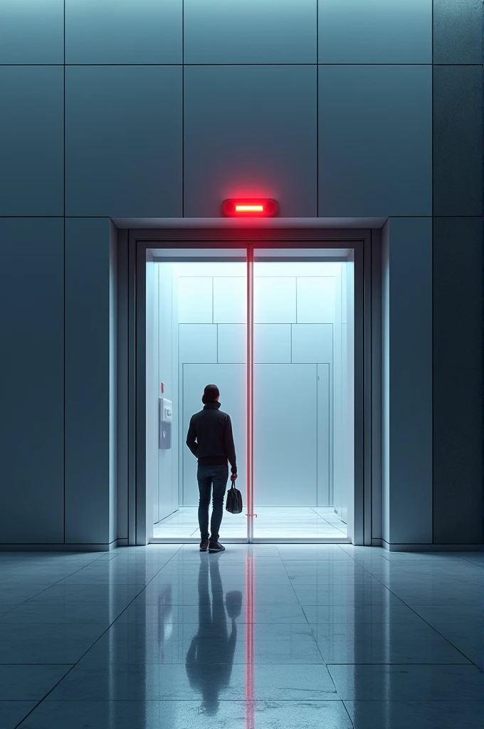 A futuristic scene with an automatic door in a high-tech building. An IR sensor is prominently displayed above the door, emitting a subtle red beam. A person is approaching the door, with the sensor detecting their presence, causing the door to start opening."