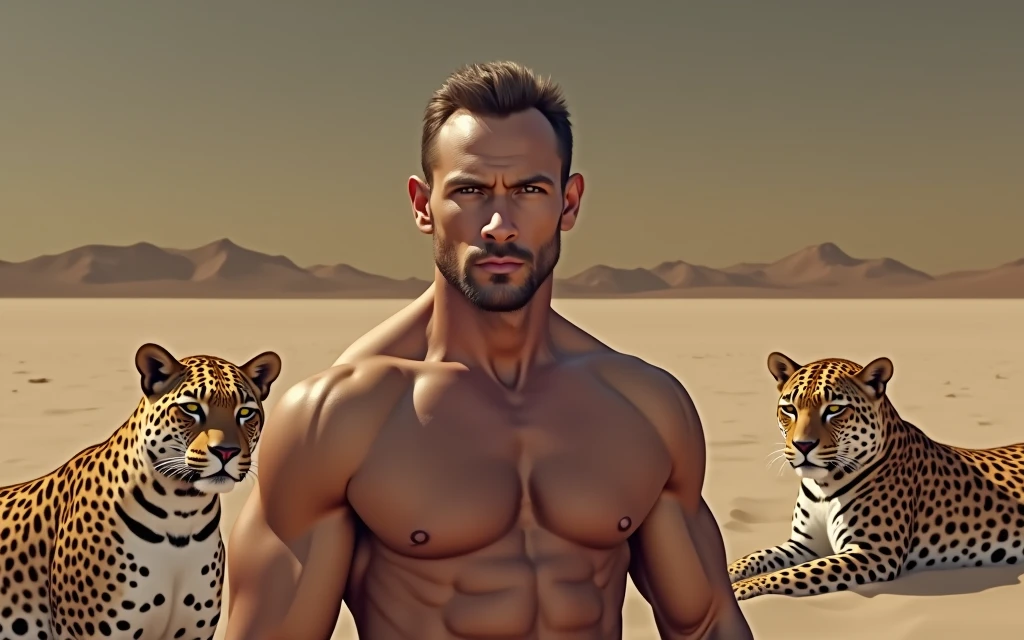 A handsome beautiful man in the desert without a shirt, two leopards beside him