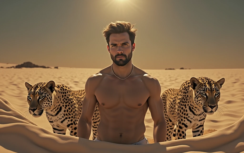 A handsome beautiful man in the desert without a shirt, two leopards beside him