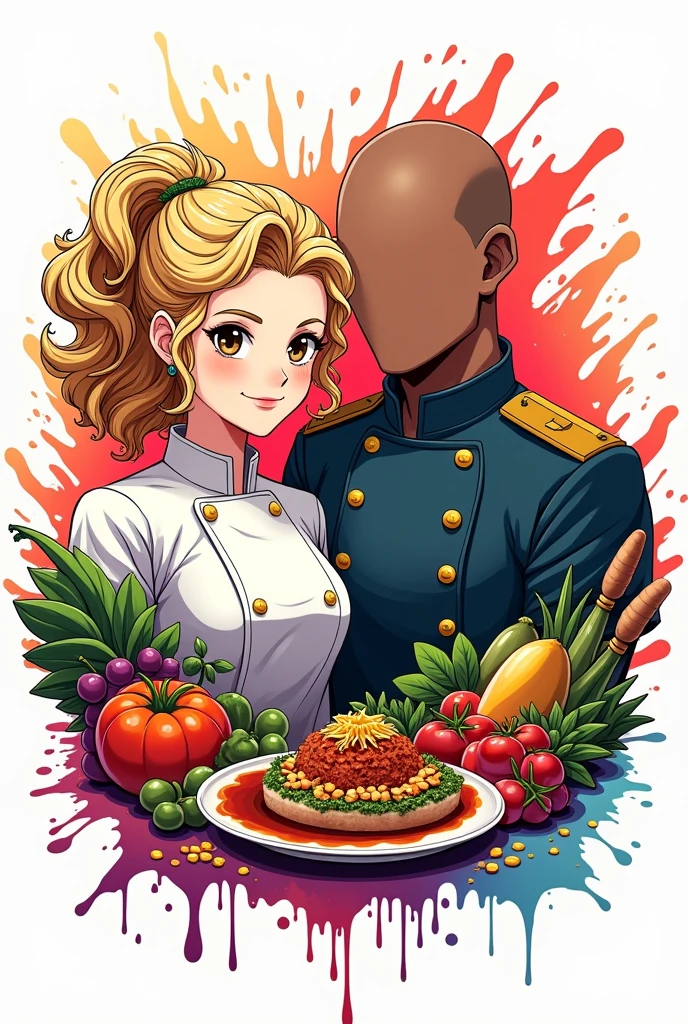 Create me an image that represents my restaurant, where the female chef with curly blonde hair and brown eyes is next to a black-skinned man with no hair or beard who is a soldier and both surrounded by food, with a white background and it is animated like anime graffiti and it is for the logo of my restaurant that does not have letters