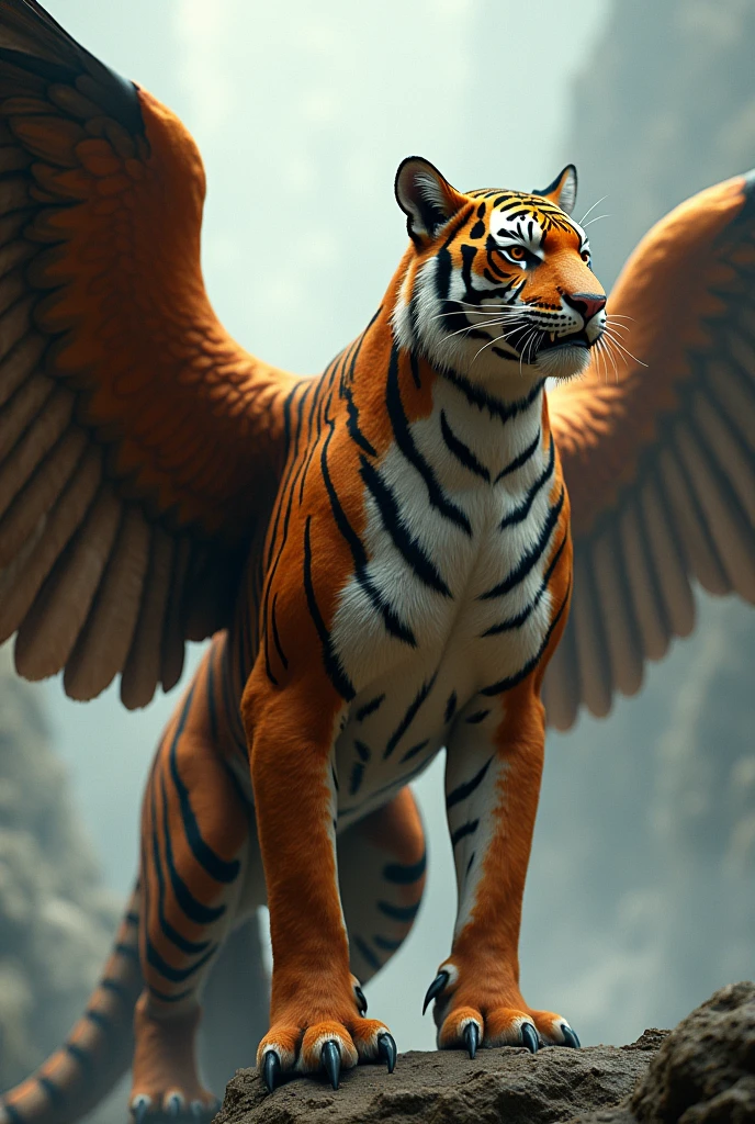 A powerful creature with the body of a tiger and wings of an eagle, with orange and black striped fur and large, feathery wings with a sharp, hooked beak."