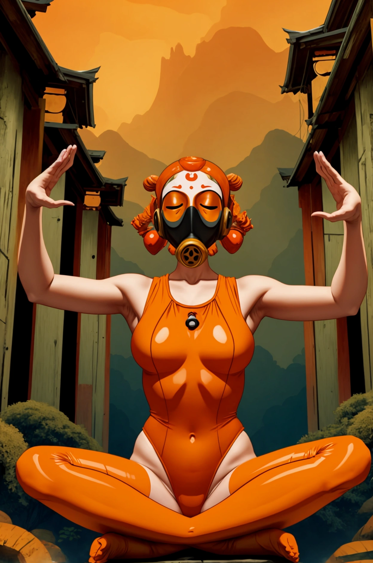 woman dressed in orange leotard and gas mask with 6 arms meditating and floating in nature temple