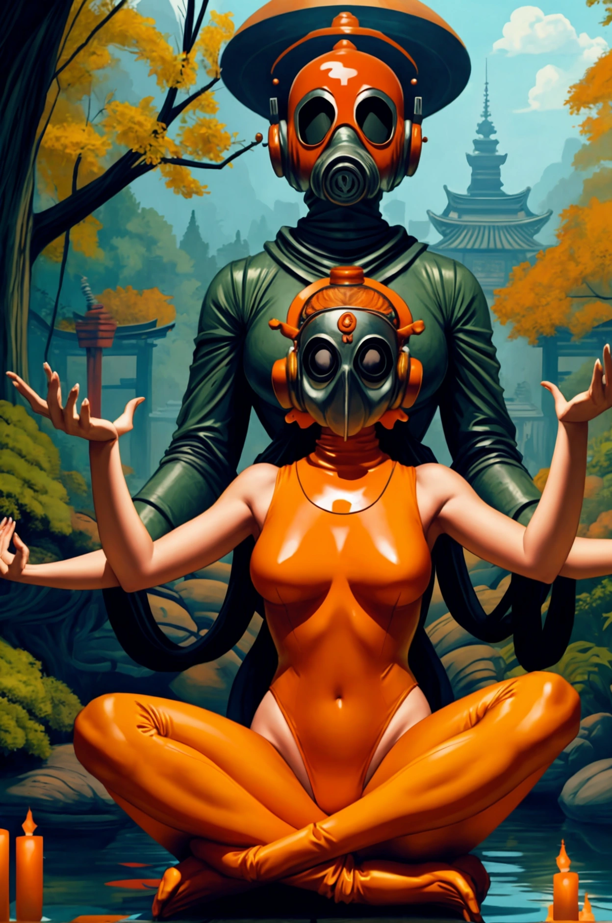 woman dressed in orange leotard and gas mask with 6 arms meditating and floating in nature temple