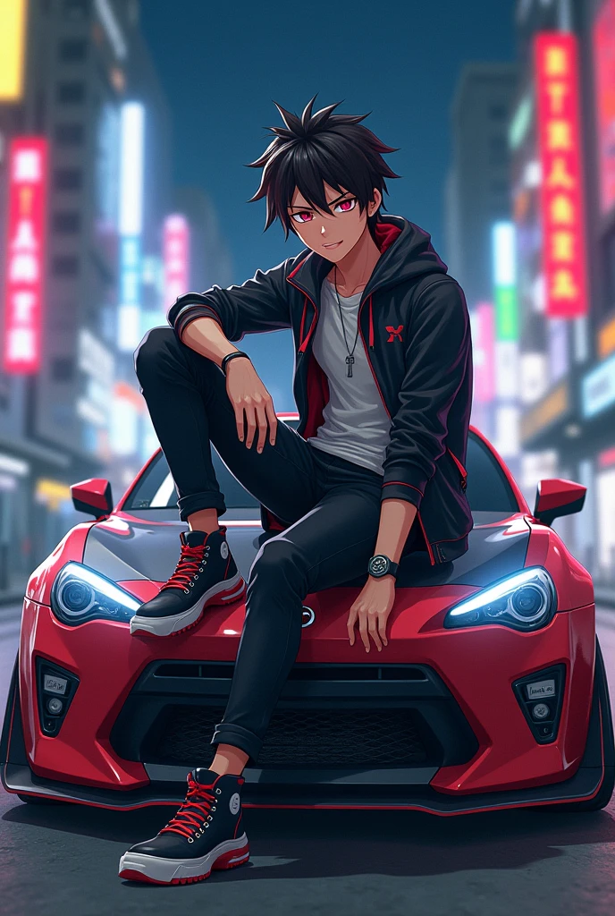 Anime boy sitting on car in a cool way and car from fast and furious 5and6
