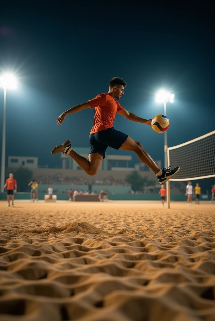 A high-quality, professional DSLR photo of a footvolley match on a sand court at night, captured mid-air as a player skillfully uses their foot to strike the ball. The ambient lighting from overhead floodlights creates soft, dynamic shadows on the sand, highlighting the athleticism and detail of the scene.