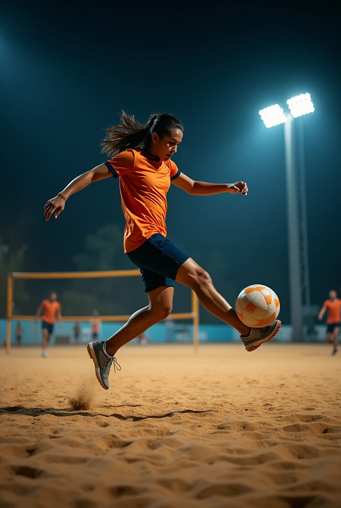 A high-quality, professional DSLR photo of a footvolley match on a sand court at night, captured mid-air as a player skillfully uses their foot to strike the ball. The ambient lighting from overhead floodlights creates soft, dynamic shadows on the sand, highlighting the athleticism and detail of the scene.
