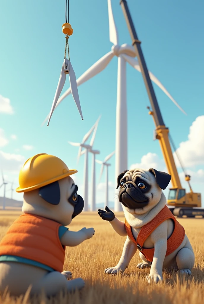 a Pug dog, engineer, guiding the crane operator at a wind farm






