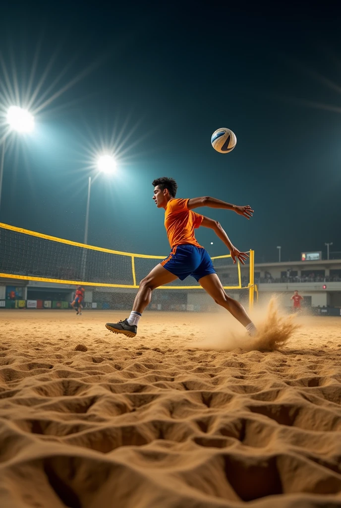 A high-resolution, professional DSLR shot of a footvolley game on a sand court under the night sky. A player is frozen in a dynamic kick, aiming to send the ball over the net. Bright floodlights above cast sharp shadows, emphasizing the focus and technique of the game.