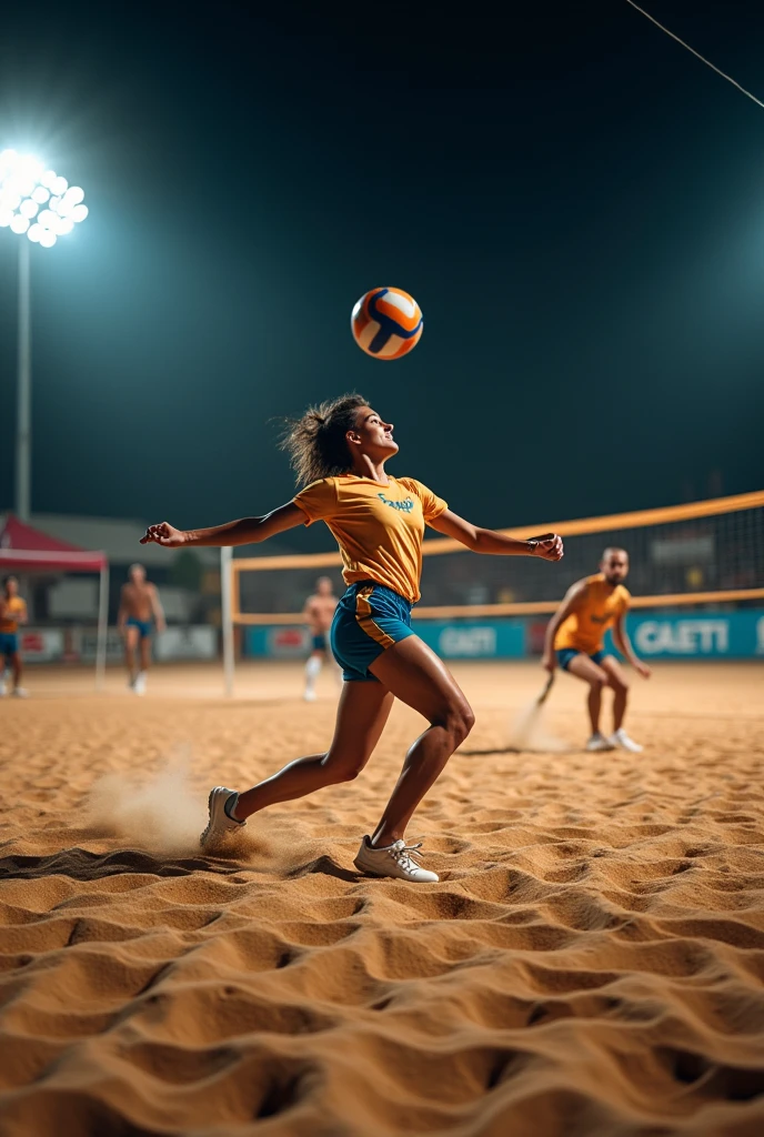 A high-resolution, professional DSLR shot of a footvolley game on a sand court under the night sky. A player is frozen in a dynamic kick, aiming to send the ball over the net. Bright floodlights above cast sharp shadows, emphasizing the focus and technique of the game.
