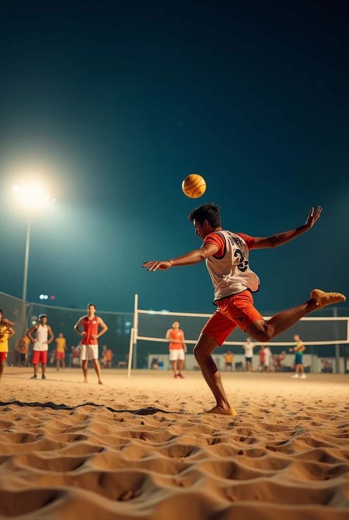 A high-resolution, professional DSLR shot of a footvolley game on a sand court under the night sky. A player is frozen in a dynamic kick, aiming to send the ball over the net. Bright floodlights above cast sharp shadows, emphasizing the focus and technique of the game.
