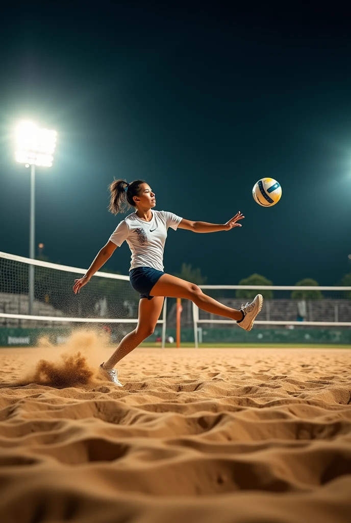 A high-resolution, professional DSLR shot of a footvolley game on a sand court under the night sky. A player is frozen in a dynamic kick, aiming to send the ball over the net. Bright floodlights above cast sharp shadows, emphasizing the focus and technique of the game.
