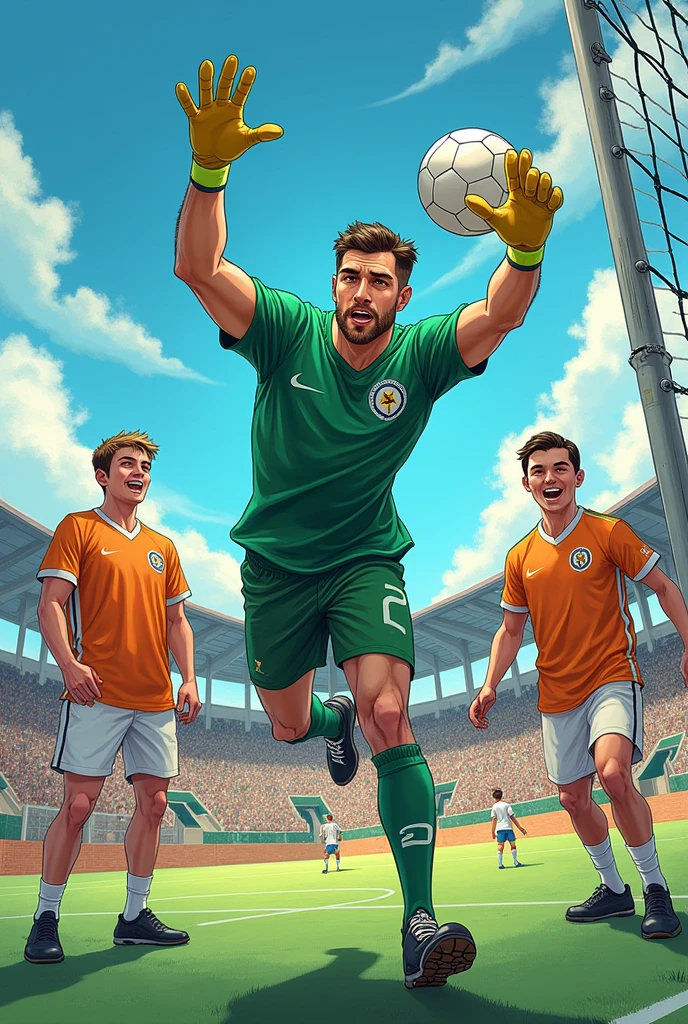 "General plan of the field, showing Smith, the COAR goalkeeper with a green shirt, in the air deflecting a ball with one hand while a forward from the opposing team in an orange jersey looks on in surprise. COAR players in the background, all in white t-shirts, They are cheering enthusiastically." ON A FUTSAL FIELD AND IN COMIC FORMAT