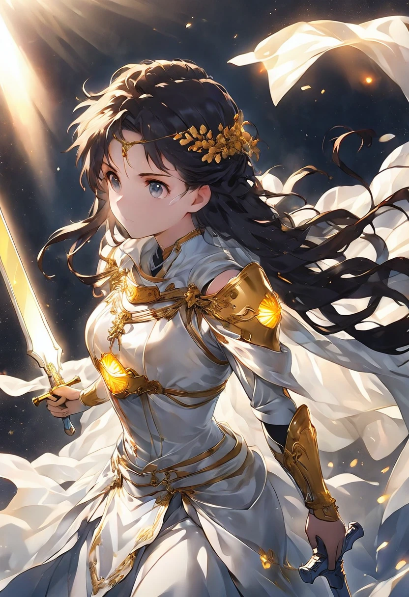 "An anime-style illustration of a strong, radiant female warrior standing confidently, depicted in a full-body shot from head to toe. She is adorned in gleaming armor with golden accents that reflect the light, and her long flowing black hair glows with an ethereal, almost divine light. Her eyes are bright and determined, embodying the essence of courage and bravery. She firmly grasps the hilt of a glowing greatsword with both hands, positioned as if ready for battle, with light radiating from the blade. The sword is held securely with both of her hands around the hilt, ensuring a powerful and controlled grip, symbolizing her connection to the power of light. The background is a bright, celestial scene with beams of light shining down, casting her in a heroic aura. The character should be centered in the image with her entire body visible, including her feet, standing tall and confidently, making it a perfect fit for the 'Brave Music' YouTube channel."