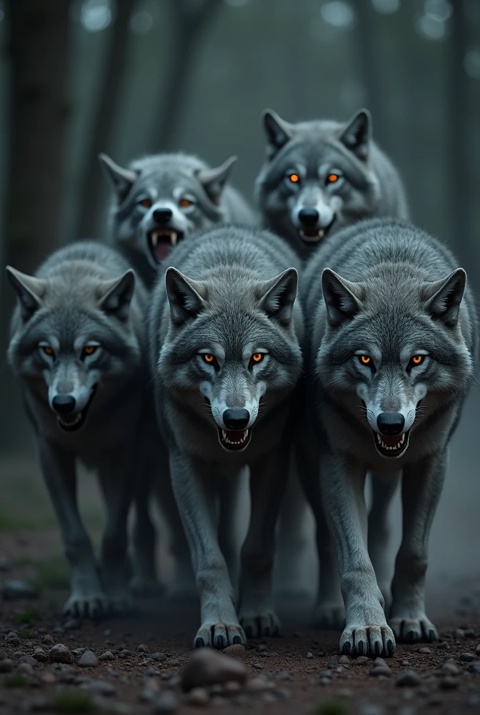 9 wolfs in a line hungry for some blood