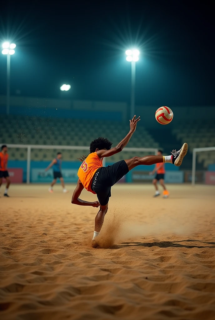 A professional DSLR image of a single footvolley player on a sand court at night, about to perform a bicycle kick. The soft, ambient light from overhead floodlights illuminates the player and the textured sand below, capturing the intensity and precision of the moment.