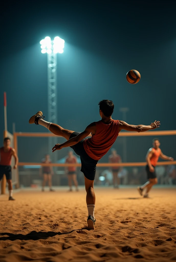 A professional DSLR image of a footvolley match on a sand court at night, with a player performing a bicycle kick. The soft, ambient light from overhead floodlights illuminates the action and the textured sand below, capturing the intensity and precision of the moment.
