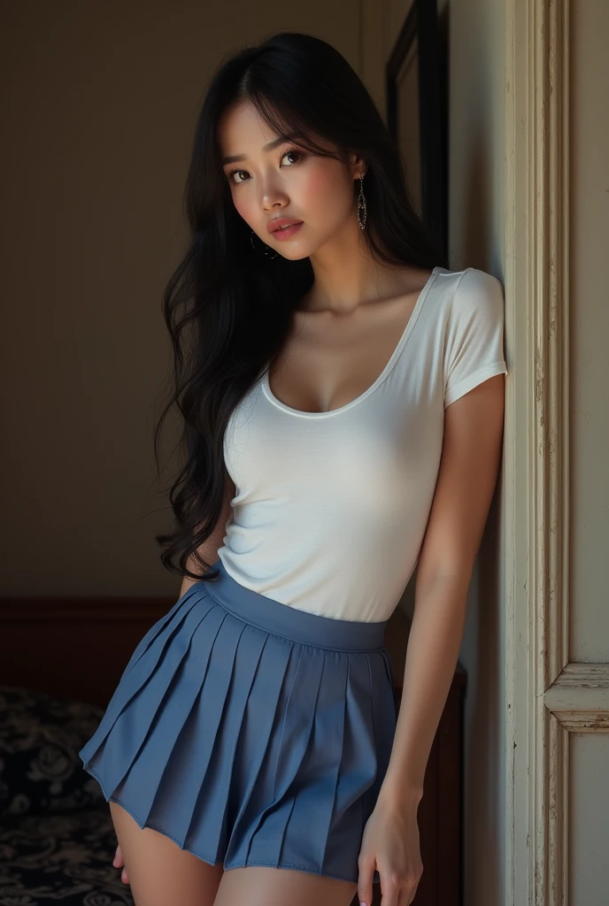 (masterpiece), best quality, perfect face, perfect eyes, big breasts, white t-shirt, navel, blue pleated miniskirt, thighhighs, standing leaning on wall, black long hair ,nsfw style, innocent face
