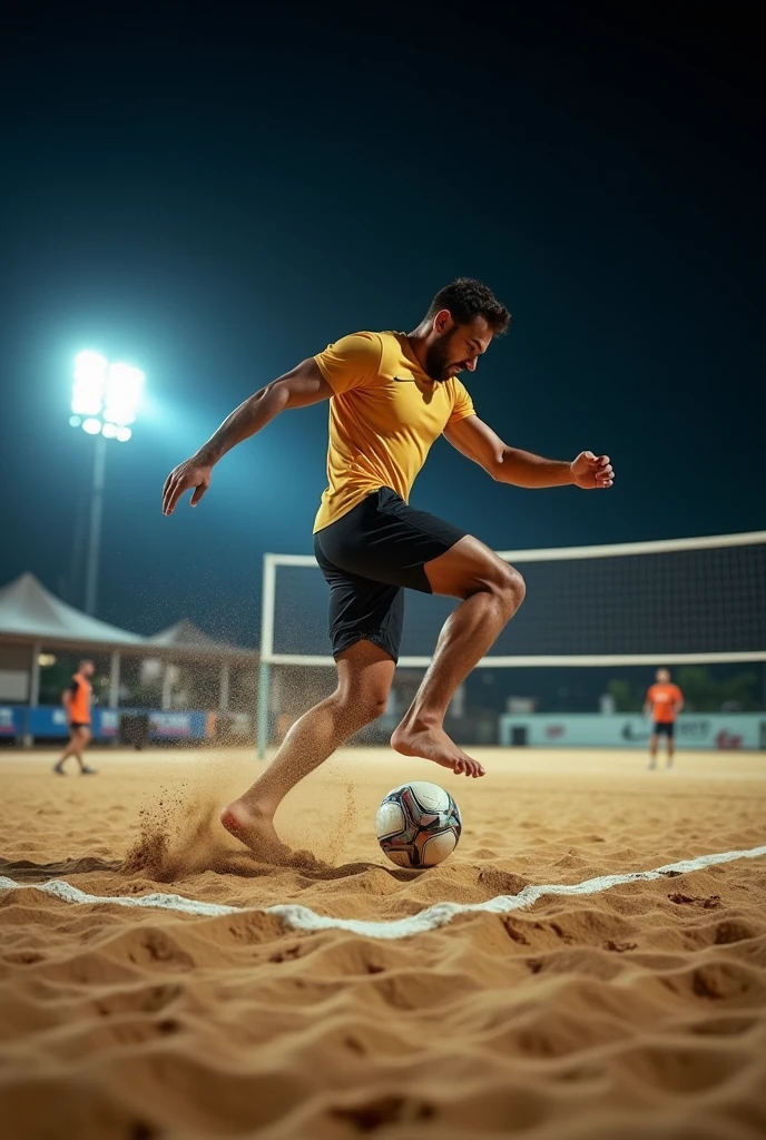 A high-definition, professional DSLR photograph of one footvolley player balancing on one leg while skillfully controlling the ball with the other foot on a sand court at night. The floodlights create clear, detailed shadows on the sand, enhancing the drama and action.