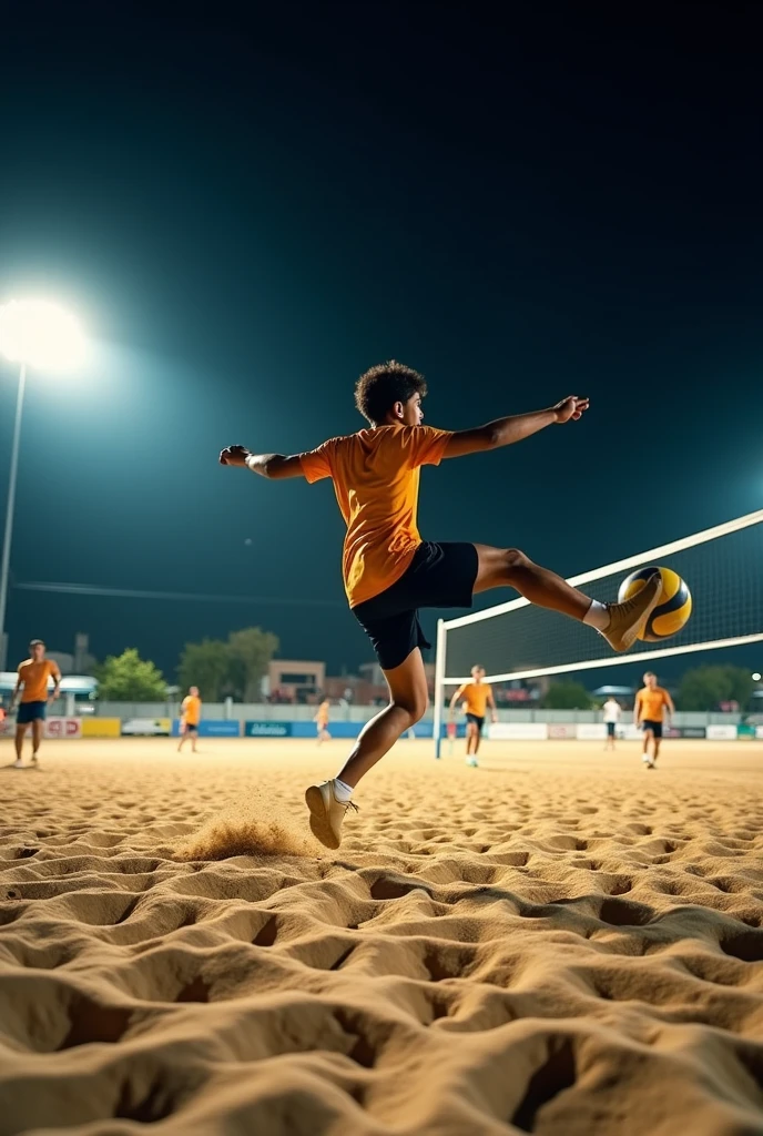 A high-definition, professional DSLR photograph of a footvolley game on a sand court at night, as a player balances on one leg while skillfully controlling the ball with the other foot. The floodlights create clear, detailed shadows on the sand, enhancing the drama and action.
