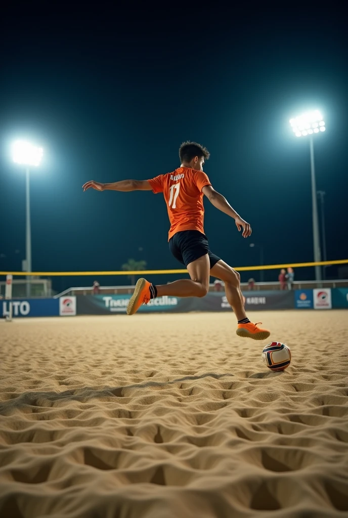 A high-definition, professional DSLR photograph of a footvolley game on a sand court at night, as a player balances on one leg while skillfully controlling the ball with the other foot. The floodlights create clear, detailed shadows on the sand, enhancing the drama and action.
