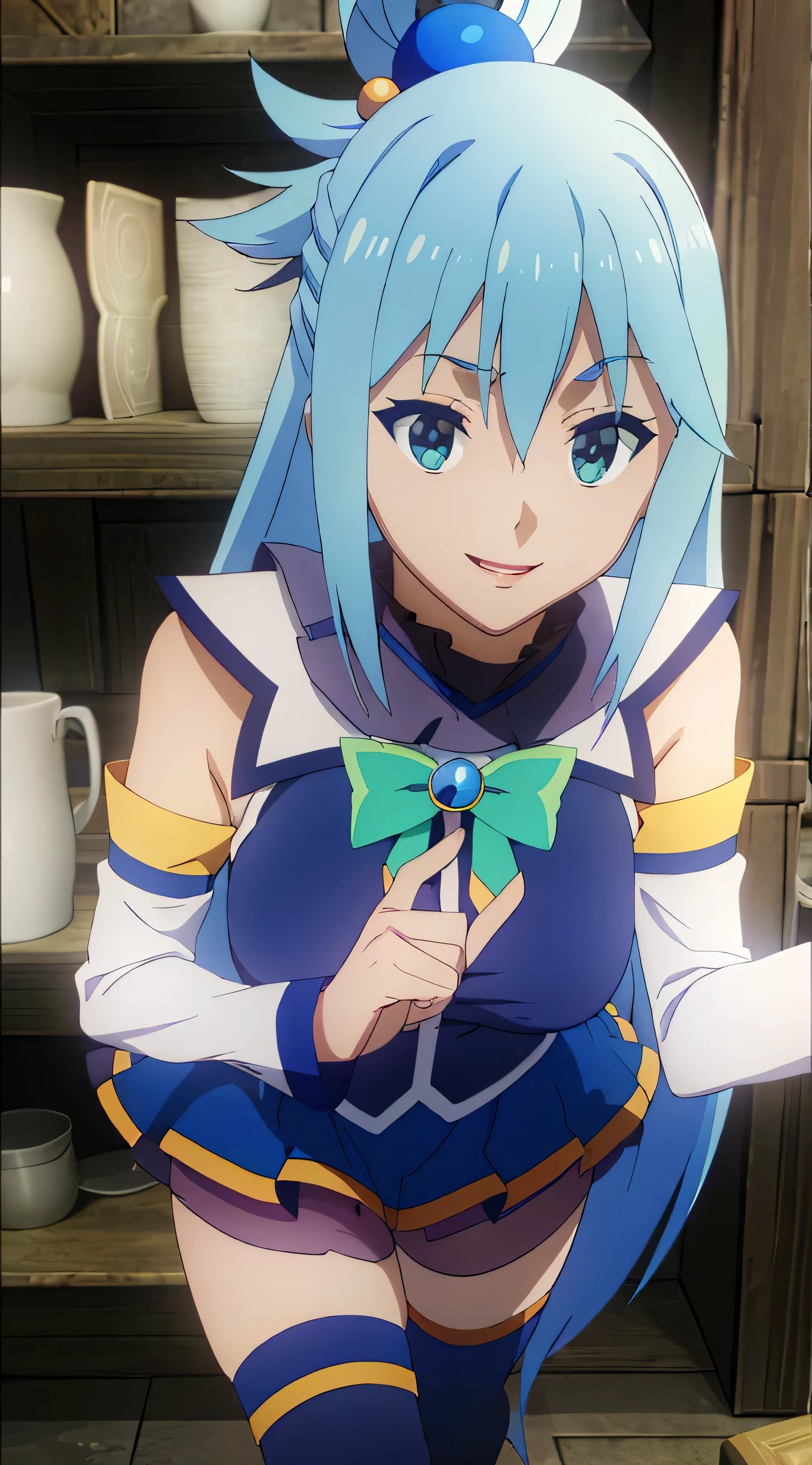 (masterpiece, best quality:1.2), expressive eyes, perfect face, highres, 1girl, solo, aaaqua, long hair, blue hair, hair rings, hair ornament, choker, bare shoulders, green bow, blue shirt, detached sleeves, blue skirt, thighhighs, happy smiling, standing, upper body, portrait, looking at the viewer,curvy,,oily skin,shiny skin,most evil huge laugh,lipstick,sadistic smile,deep shaded face(eyes in shadow),singlebraid,smile worst,worst ridecule,most evil moukery,,onebraid,,two hands,five fingers,dark aura background,A face full of evil,most evil ridicule,,horor, Violence, , The Empowerment of Evil, monster,naughty face,seductive smile