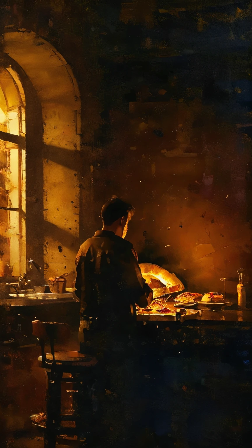 a man heating pizza in microwave, extremely detailed, realistic, photorealistic, 8k, high quality, professional, vivid colors, warm lighting, studio lighting, HDR, physically-based rendering, cinematic composition, dramatic lighting, moody atmosphere, detailed textures, intricate details