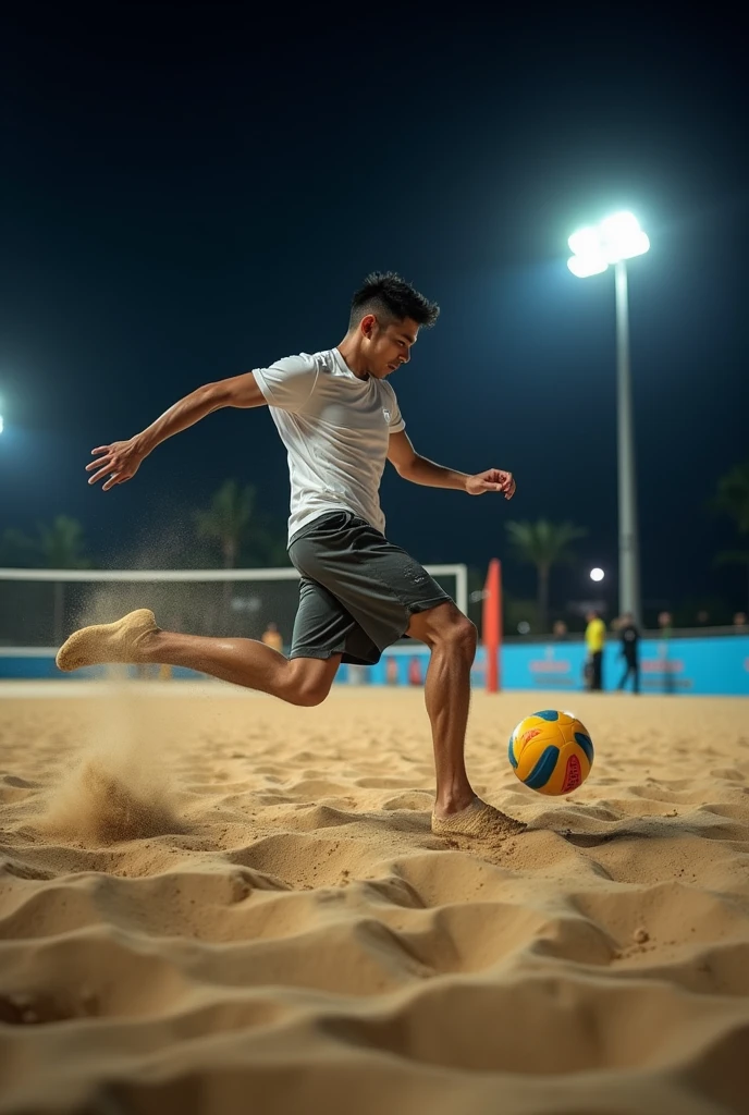 A high-definition, professional DSLR photograph of a footvolley game on a sand court at night, as a player balances on one leg while skillfully controlling the ball with the other foot. The floodlights create clear, detailed shadows on the sand, enhancing the drama and action.