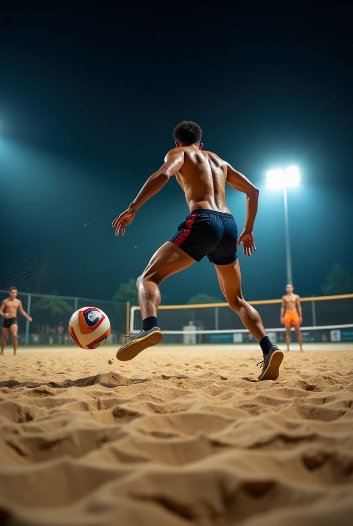 A high-definition, professional DSLR photograph of a footvolley game on a sand court at night, as a player balances on one leg while skillfully controlling the ball with the other foot. The floodlights create clear, detailed shadows on the sand, enhancing the drama and action.