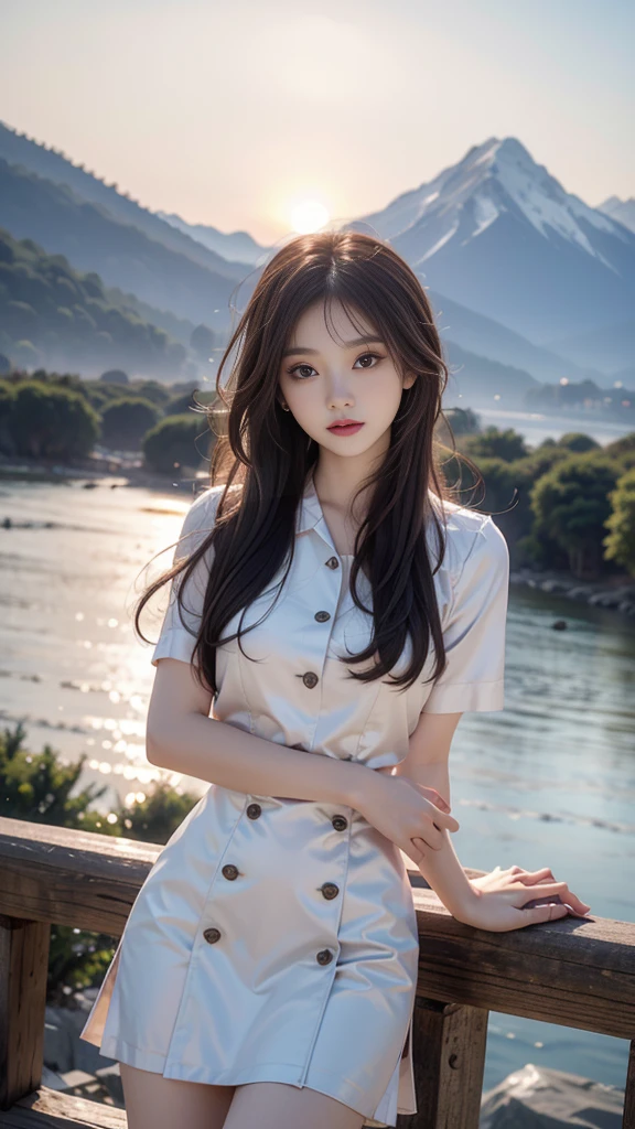 ulzzang-6500-v1.1, (RAW photo: 1.2), (Real photo), (Real photo: 1.4), 1 girl、Perfect anatomy、1、Looking at the camera、Medium length hair、Uniform dress, watching the sunset, ((in the mountains: 1.1))、(Business service)、Asian eyes Ella,