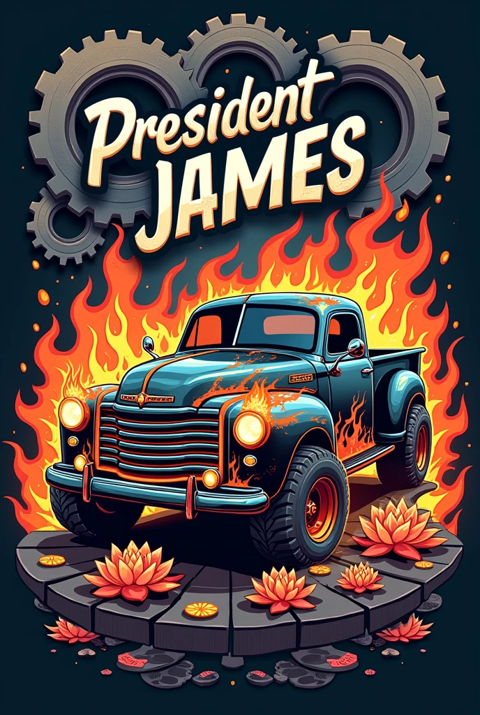 A poster of a pickup truck decorated with a closed box for delivering parcels with the words "President James" written on it. I want it to be even cooler. There are flames, lotus flowers, and gear wheels. I want the name to be clear.