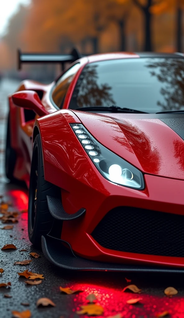 Ferrari Glossy Red, with extreme widebody kit, LED lights under the car, close-up photo shot, hyper-realistic, focus on car, autumn road, lo-fi vibes, professional photo-shot , Autumn vibes, hyper-realistic details, realism, detailed reflections, urban scenery, professional photo quality, realistic artwork, moody lighting, anime scene, chilling vibes 