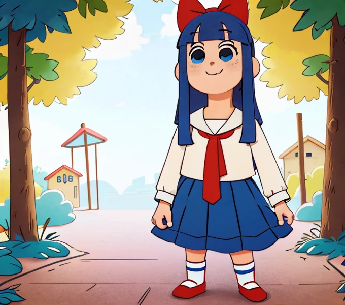 pipimi, long hair, blue eyes, skirt, shirt, bow, school uniform, blue hair, white shirt, hair bow, sidelocks, shoes, serafuku, socks, blunt bangs, sailor collar, red bow, blue skirt, neckerchief, brown footwear, blue sailor collar, holding Machinegun, Playground 