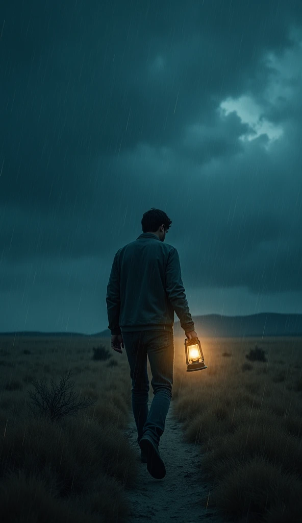 Young man leaves his car on the side of the road and walks in a deserted place towards the countryside In the middle of the night, holding a lamp in his hand And the clouds are raining
