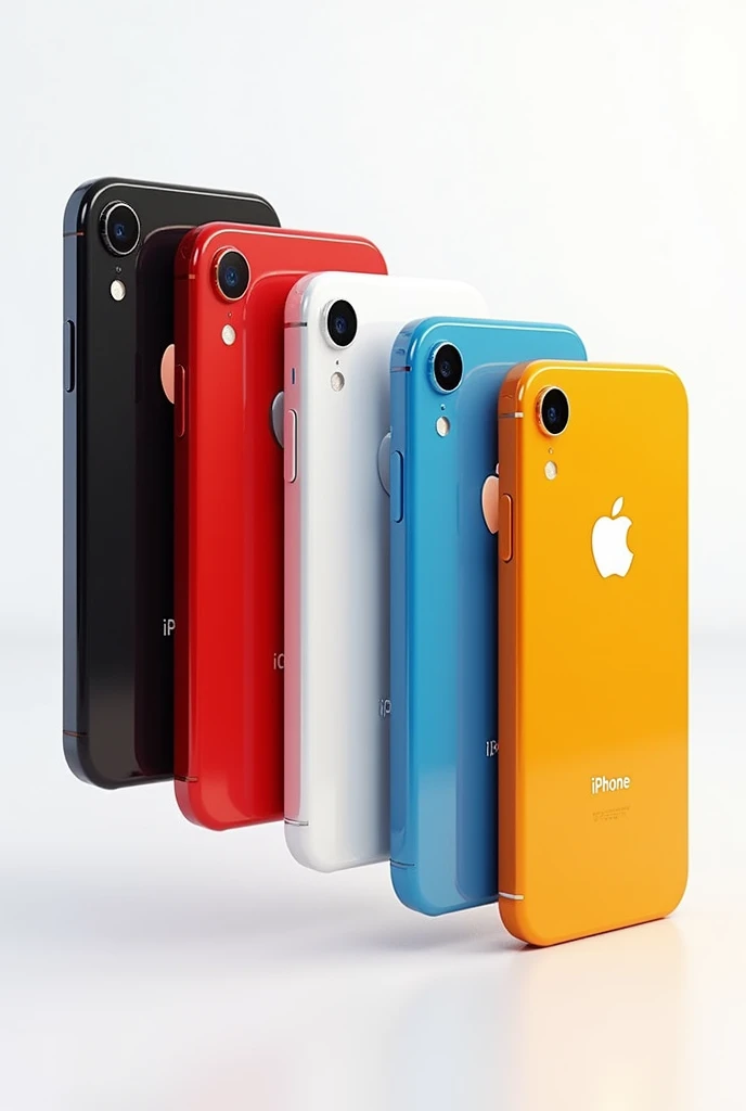 six beautiful iphone xr with black, white, red, blue, yellow, and orange colors in white background, included logo and iphone writing.