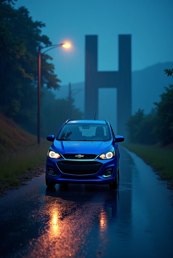 make a blue chevrolet spark on a road at night with an H in the background while it's raining