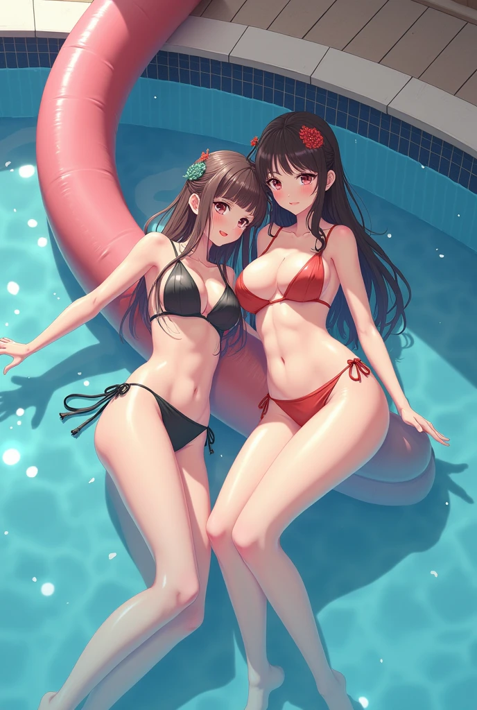 2girls, Teteza Rize, Kirima Syaro, Big Breasts, Micro Bikini, Slingshot swimwear, In the pool, Large swimming pool, indoor, hair ornaments, Wet Skin, Her nipples are fully visible, Thick and long pink straight sausage, Fake paisley with sausage
