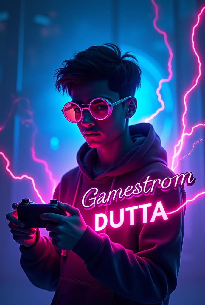"Design a vibrant YouTube profile photo for a gaming channel. The image should feature a dynamic background with dark blues and neon purples, evoking a futuristic gaming world. At the center, include the silhouette of a 20-year-old boy wearing round-shaped goggles, holding a gaming controller, with his face hidden in shadows. The figure should emit a glowing electric energy. Incorporate the name 'Gamestrom Dutta' in bold, metallic, futuristic font with a neon glow effect. The overall design should be sharp, modern, and energetic, reflecting the excitement of gaming."