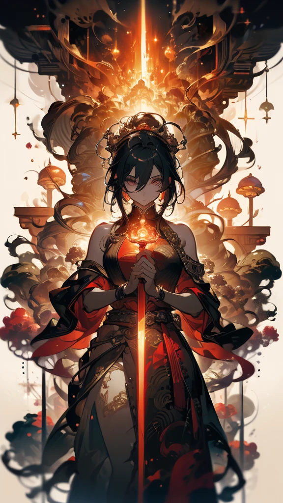((masterpiece, best quality)), Epic battlefield atmosphere,Black Myth,Journey to the West,flame,Delicate face,Depicts a beautiful Monkey King, Short flowing hair,whole body,Standing picture,Sparkling eyes,Perfect body proportions