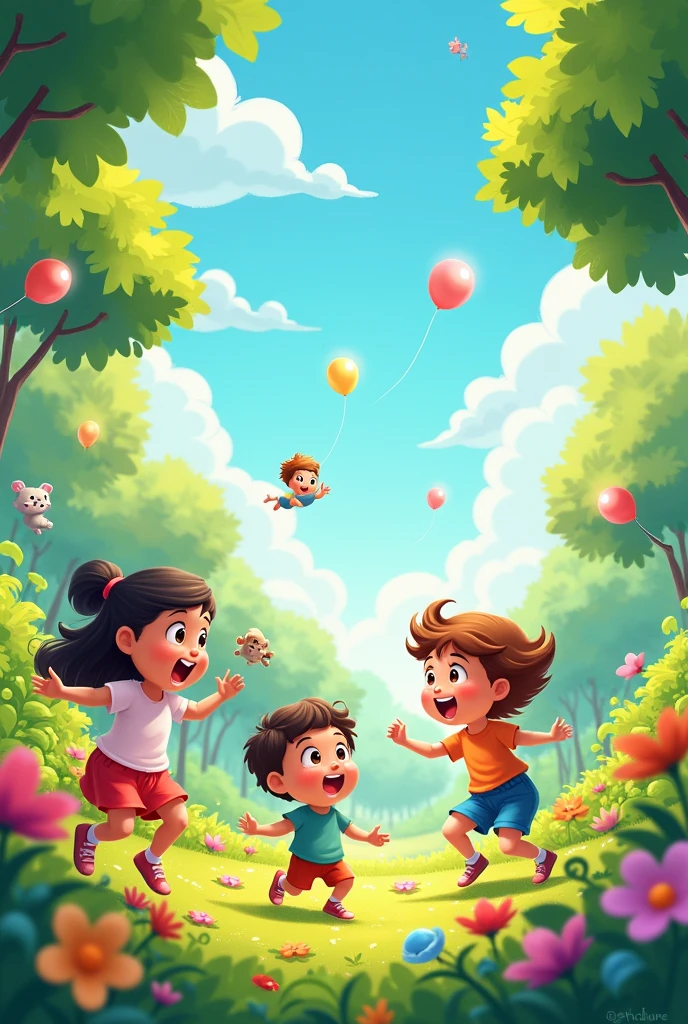 children having fun in an open environment, filled with plants, flowers and toys, They are in a cartoon and very happy