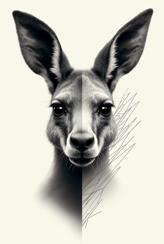 A kangaroo face frontal where the left half of the face is realistic and the right half of the kangaroo face is made only with geometric lines for tattooing