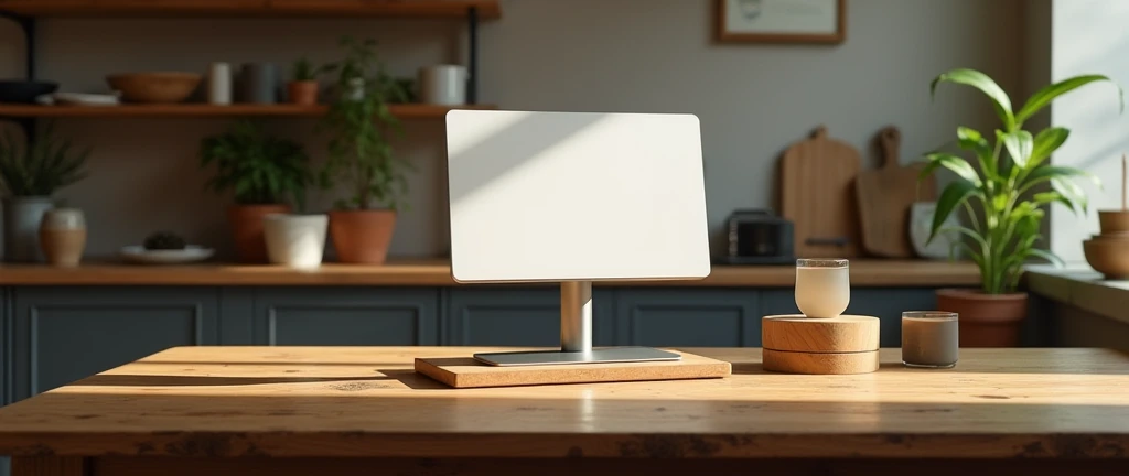 In a wooden table i want a photo of a google review stand