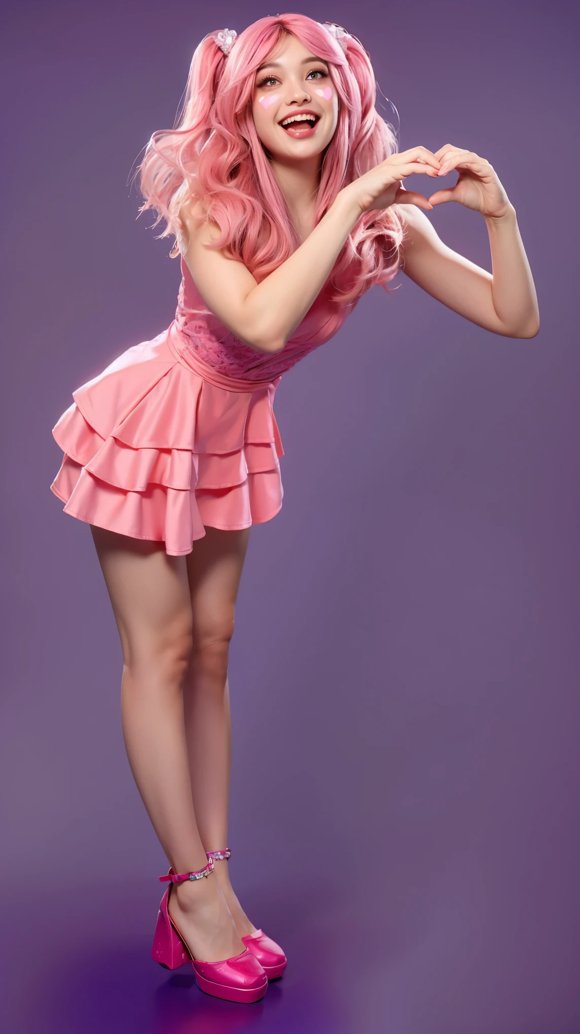 The image shows a woman with long, wavy pink hair, styled with pigtails, standing against a solid purple background. She is dressed in a bright pink, frilly dress with a ruffled skirt and is wearing matching pink high-heeled shoes. Her makeup is playful and vibrant, with pink eyeshadow and large heart-shaped designs on her cheeks. Her expression is joyful and animated, with a wide, open-mouthed smile, as if she is laughing or expressing excitement. She is making a heart shape with her hands in front of her chest, adding to the cheerful and lively vibe of the image. The overall appearance and pose convey a sense of fun, enthusiasm, and positivity. he purple background complements the costume, creating a vibrant and engaging scene. (glossy plastic texture with multiple big light probe refractions), perfect cgi, smooth silhouette, high intensity refraction, (super glossy plastic material), most beautiful vfx, , realistic, 4k, high resolution, rim light, smooth 3d model, multiple light sources, rim light, sharp post effects render,, realistic, 4k, high resolution, rim light detailed digital art, reflective, best quality, 4k, masterpiece:1.2, ultra-detailed, realistic, vivid colors, The image of the highest quality, ensuring every detail showcased perfectly. It in 4k resolution, allowing viewers to immerse themselves in the richness of the colors and intricate details. The realistic rendering. under the spotlight, reflecting, high-resolution image, realistic rendering