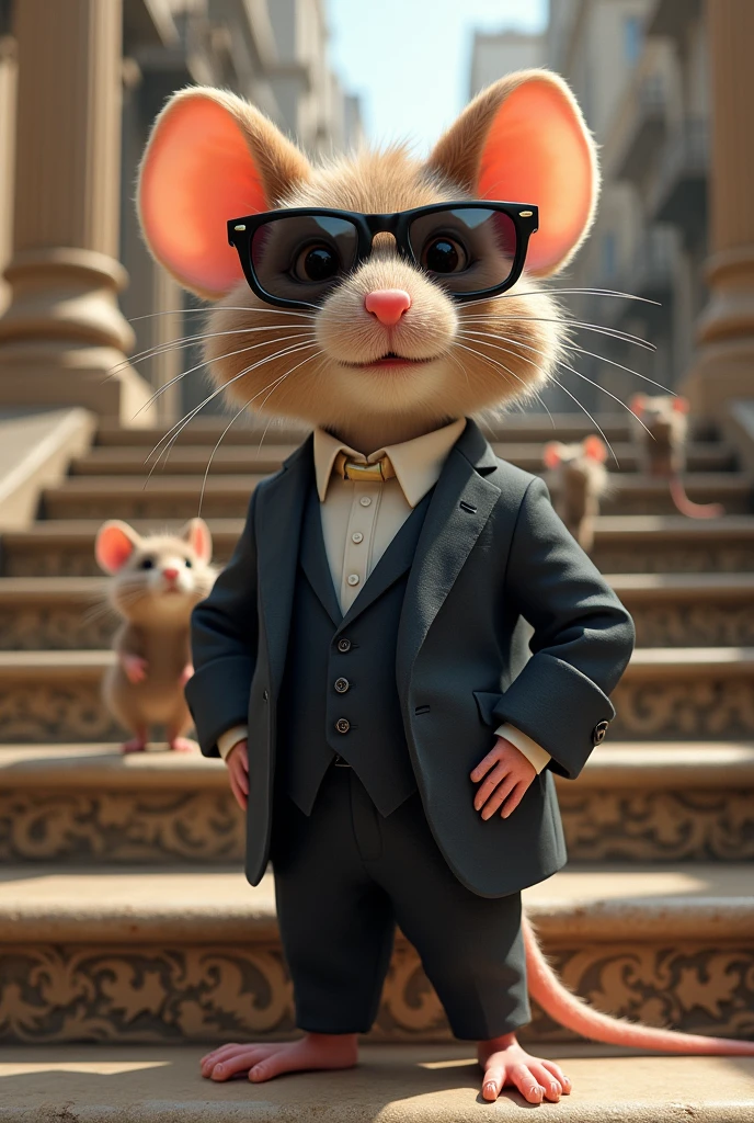Create a photo with a charming mouse that wears a suit and a black sunglass standing in front of stairs and in the background should have some mouses walking around 