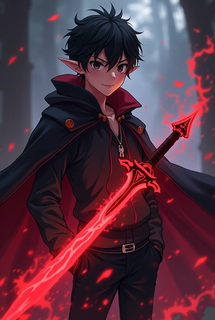 Generate an anime-style character with shadow powers, Youngh, naughty man, wears a cape and a dagger with a red aura, dark eyes, has an average physical build, He has , and he is Half-Elf, Human Elf, with elf ears