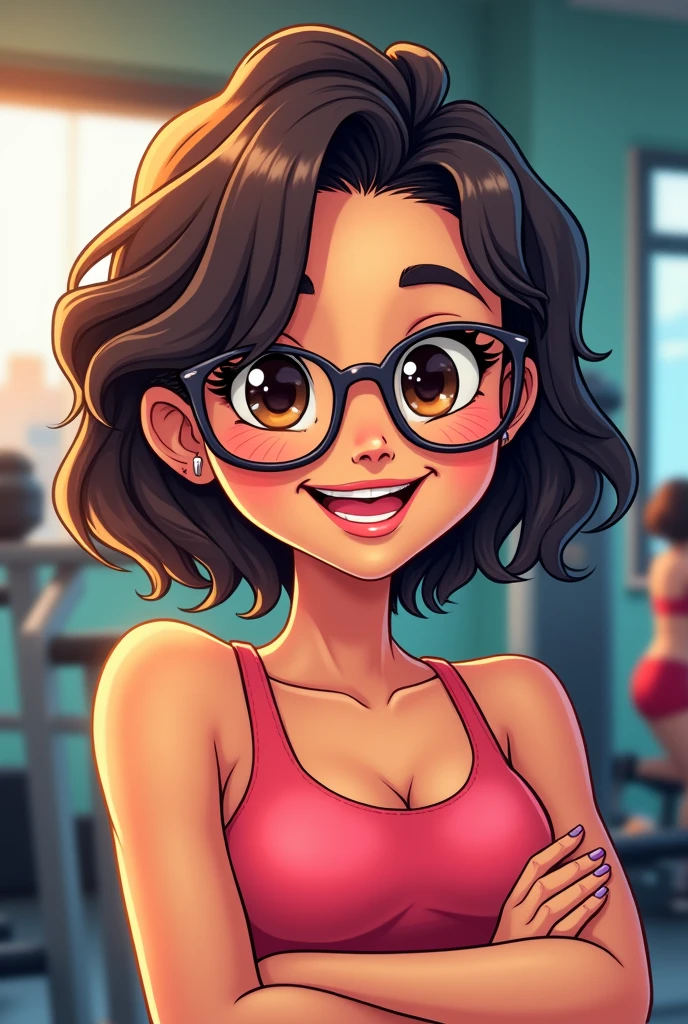 Cartoon character of A WOMAN APPROXIMATELY 4, ROUNDED GLASSES WITH DARK FRAME, MEDIUM DARK HAIR, DARK BROWN EYES YELLOW, skin fair, pink lipstick, round face, in the background a gym