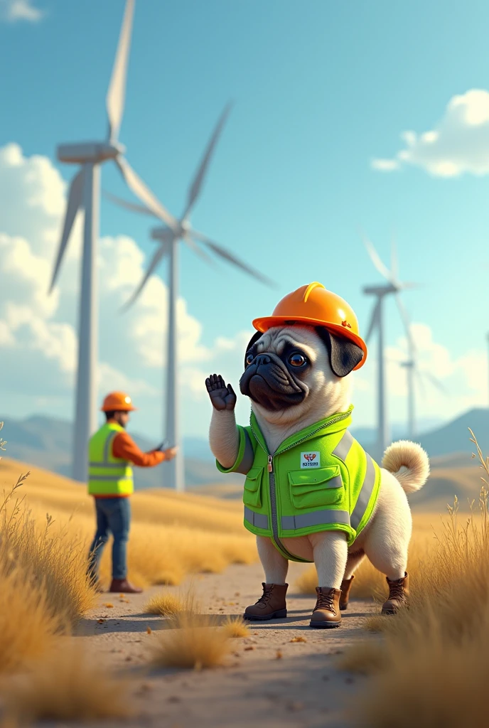 a Pug dog, engineer, guiding the crane operator at a wind farm.
He must wear a green vest with safety boots..







