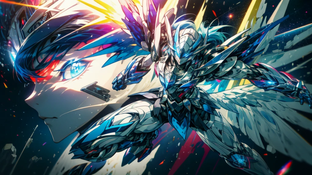 Sharp blue multi-colored Eyes, Exaggerated evil facial expressions , (masterpiece), best quality, 1 man, bright blue hair, multi-colored hair , Space theme , White particles, wallpaper , Elf , Anime , HD , Goddess , closed mouth, chains , yameroyandere , glowing eyes, Very Small breast , small girl , short skirt , pull up skirt , lolita dress , put on armor , strong man , no muscles , full body , floating on wings amidst the shining light , sci fi , star , power , blue