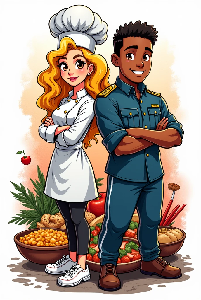 Create me an image that represents my restaurant, where the female chef with curly blonde hair and brown eyes is next to a black-skinned man who is a soldier and both surrounded by food, with a white background and it is animated like anime graffiti and it is for the logo of my restaurant that does not have letters