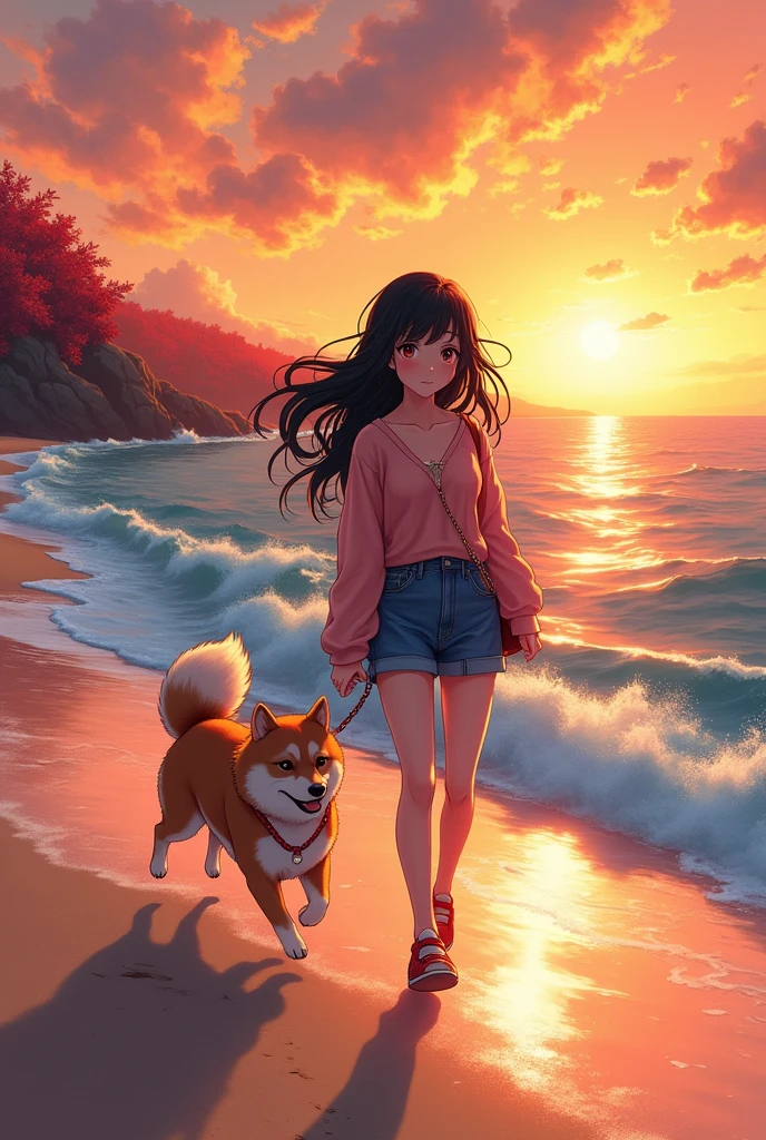 80's、comics、Beach、evening、girl、autumn、Seaside、stroll、cute、Black Hair、Tokyo、80'sアニメーション、Shiba Inu、