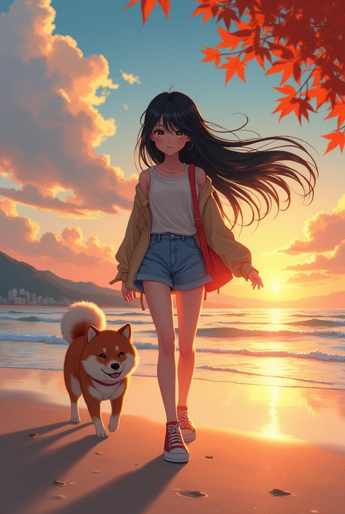80's、comics、Beach、evening、girl、autumn、Seaside、stroll、cute、Black Hair、Tokyo、80'sアニメーション、Shiba Inu、